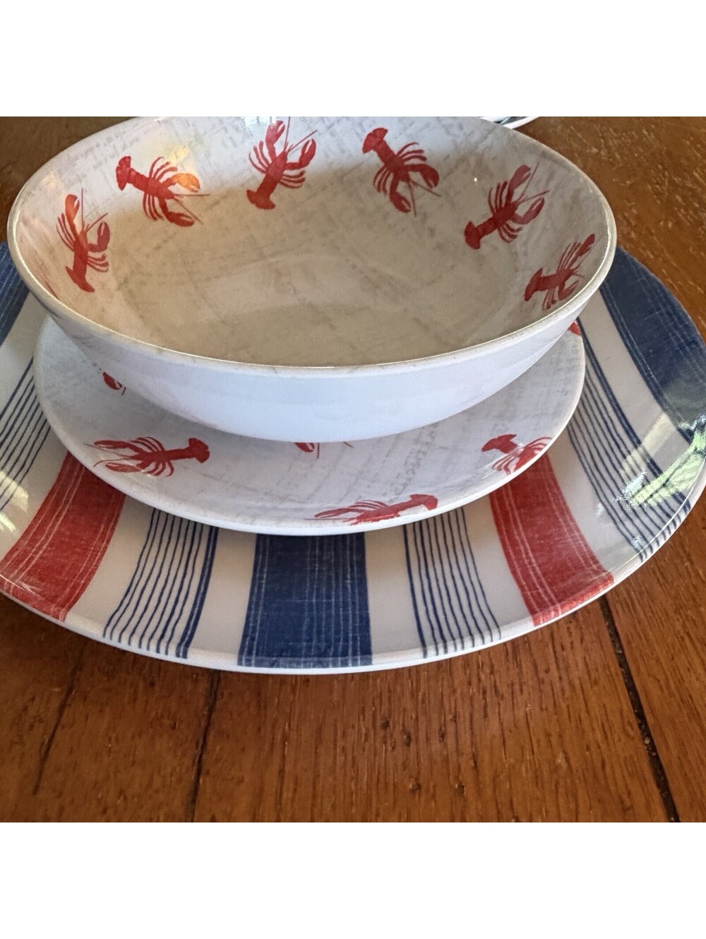 Tommy Bahama Melamine Dinnerware 9 Piece Set Lobster Nautical Red Blue